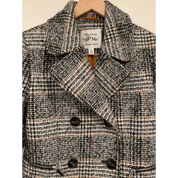 VNTG Maralyn & Me Plaid Pea Coat Dark Academia Tweed Jacket Brown Grey S - Picture 8 of 9